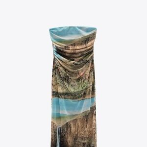 Strapless Scenic Print Maxi Dress ZARA NEW